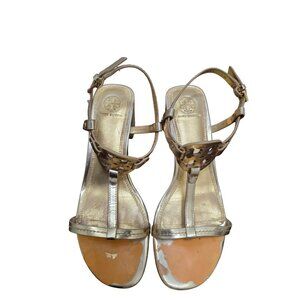 Tory Burch Gold Metallic Espadrille Block Pump Sandals W/ Logo Accent Size 8